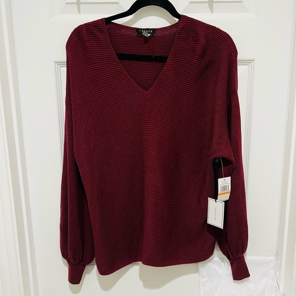 1. State Sweaters - 1.STATE Ribbed Balloon Sleeve Cotton Blend Sweater in Burgundy, Size S